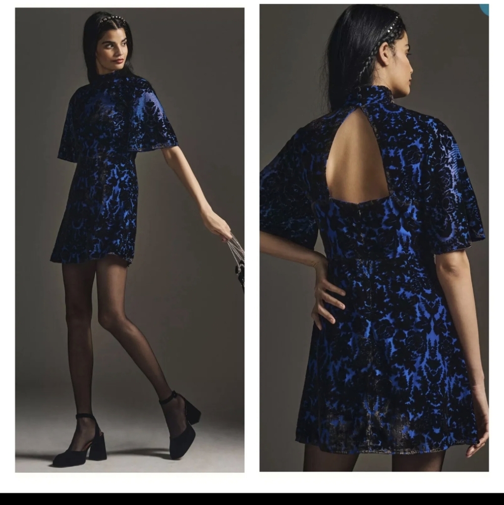 Anthropologie Women's US 10Mock Neck Velvet Mini Dress Blue Black US‎ 10 NWT